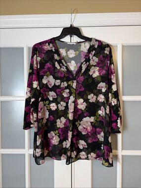 ✨Calvin Klein 2X Black Floral V-neck Blouse Feminine Flowy Career Wear✨